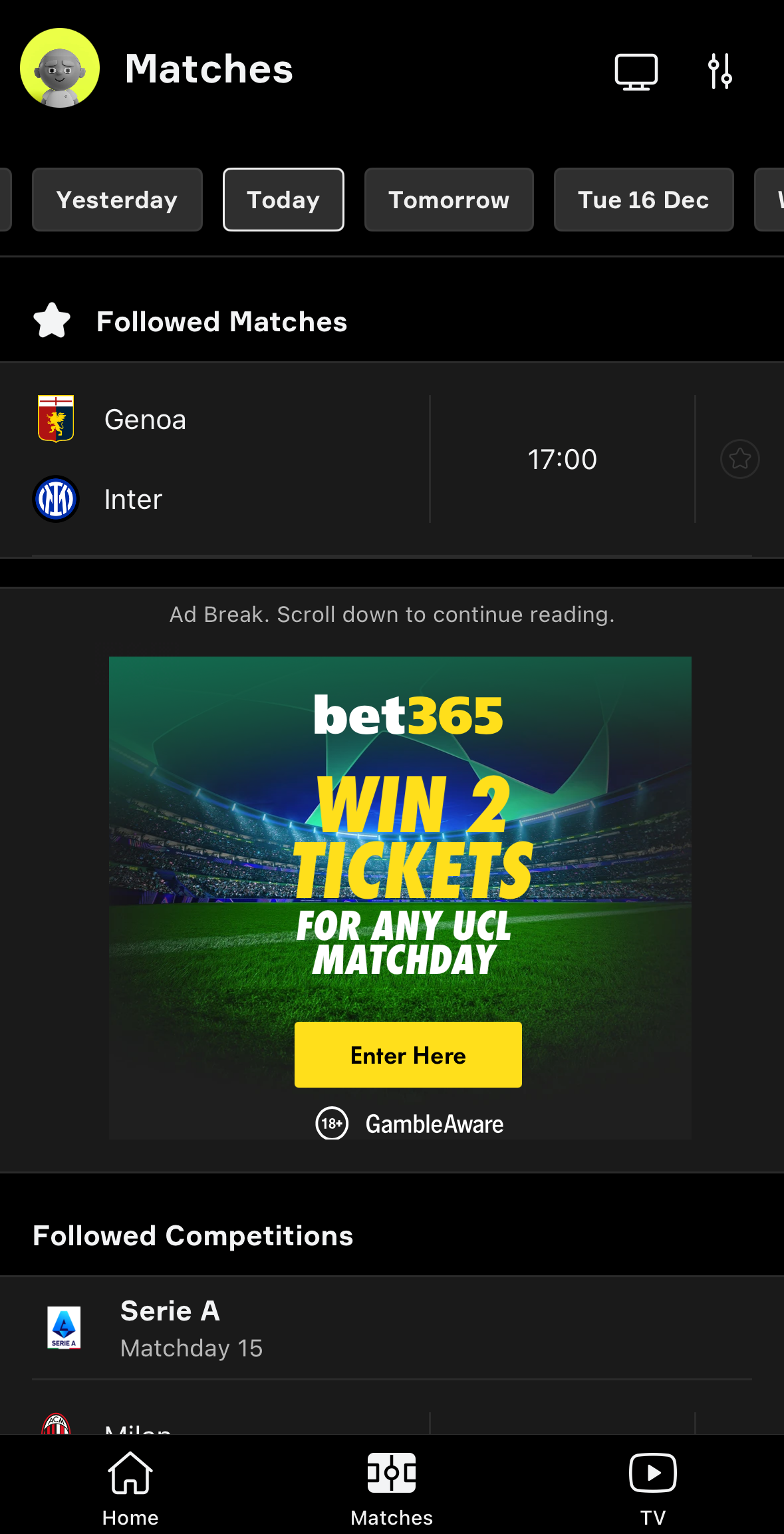 A football app interrupting content with an ad break