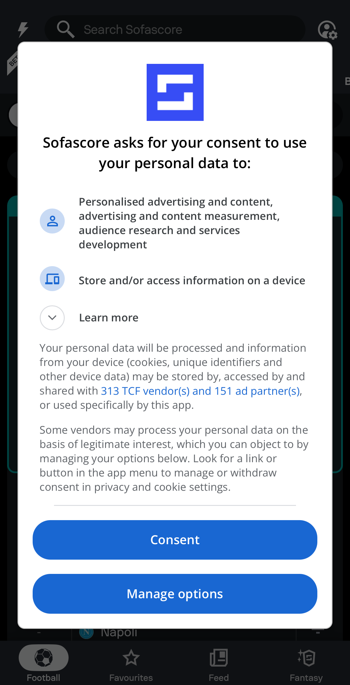 A football app asking to share data with hundreds of partners