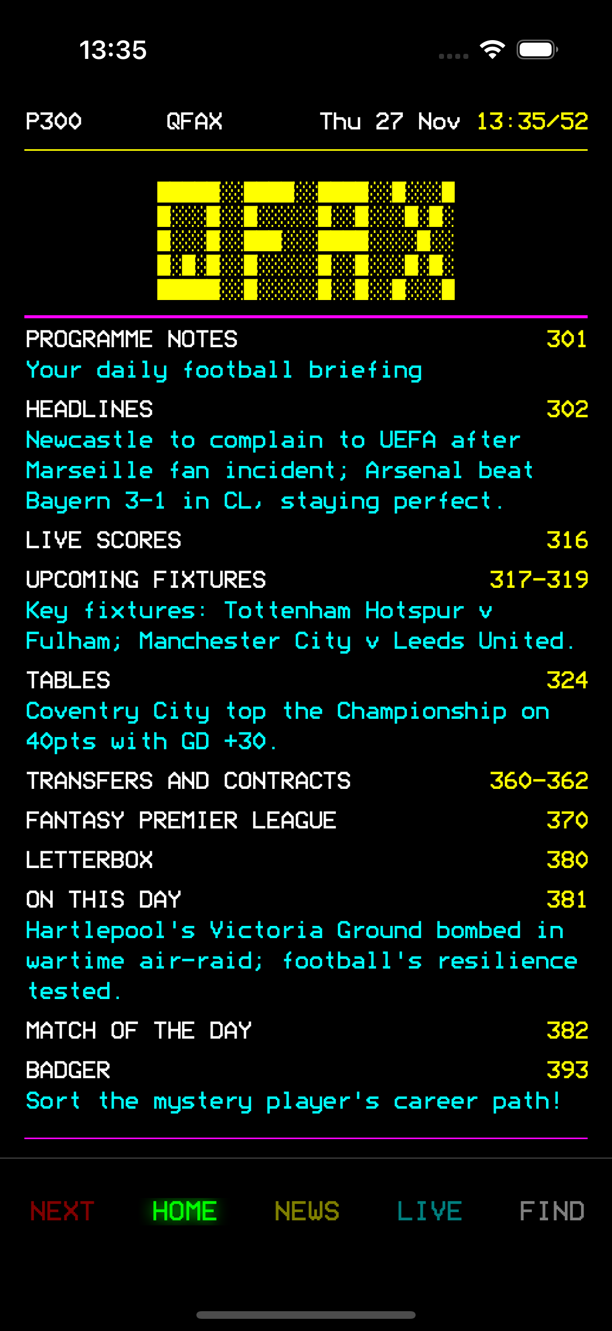 QFAX Home Screen - Teletext-style football index
